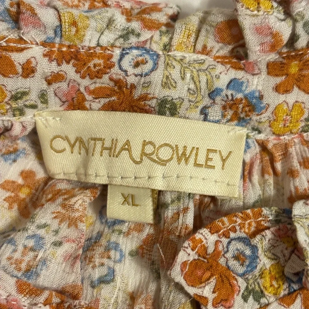 Cynthia Rowley Floral Boho Peasant Blouse Ruffle Neck Tie Front Size XL - Picture 2 of 8